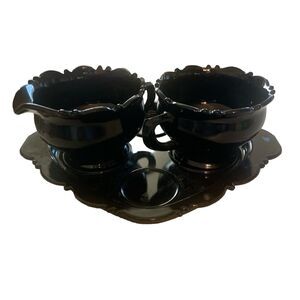 LE Smith Mt. Pleasant Black Amethyst Creamer, Sugar, & Tray Vintage
